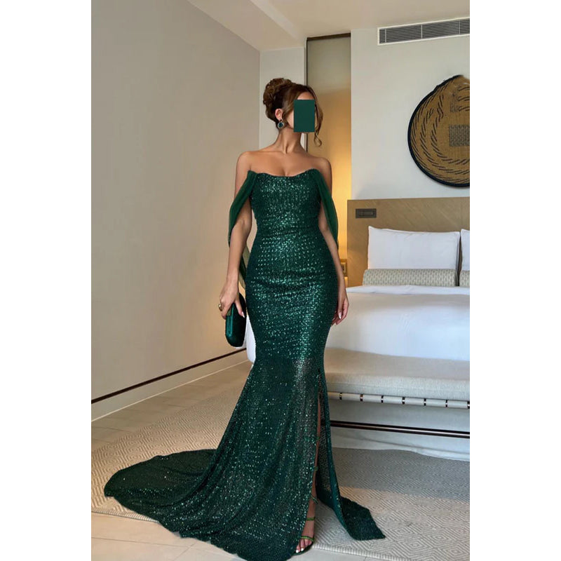 Trumpet/Mermaid Off-Shoulder Side Slit Sleeveless Slit Sequins Evening Prom Dress