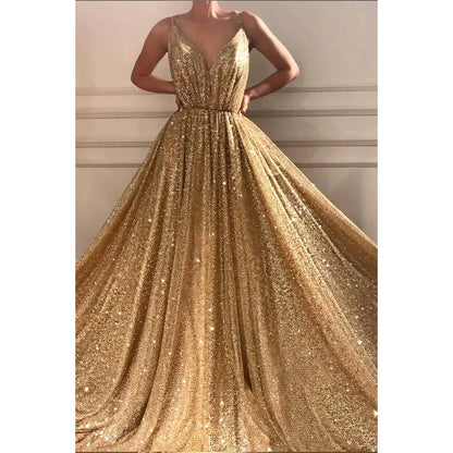 Gold Sequined A-line V-neck Spaghetti Straps Sparkle Formal Evening Dress Party Dress