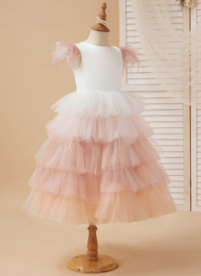 Pink Tulle Tea-Length Princess Dress with Feathered Sleeves for Flower Girls (010224240)