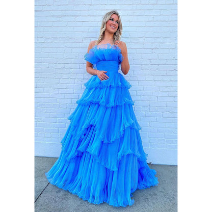 Strapless Ruched Tulle A-Line Long Prom Gown With Sweep Train