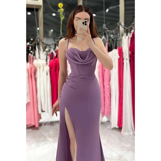 Sheath/Column Sweetheart Ruched Satin Long Prom Evening Dress