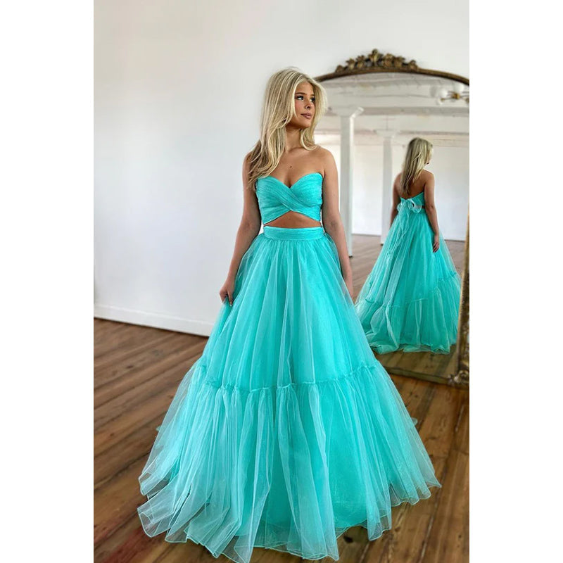 Strapless Ruched Tulle A-Line Long Homecoming Court Dress