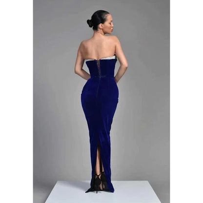 V-Neck Strapless Sequined Sheath Long Prom Dress With Back Slit