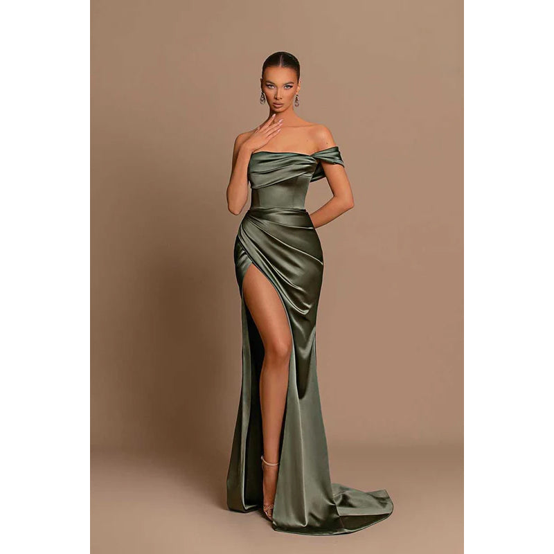 Strapless One Shoulder Ruched Long Prom Evening Dress With Slit