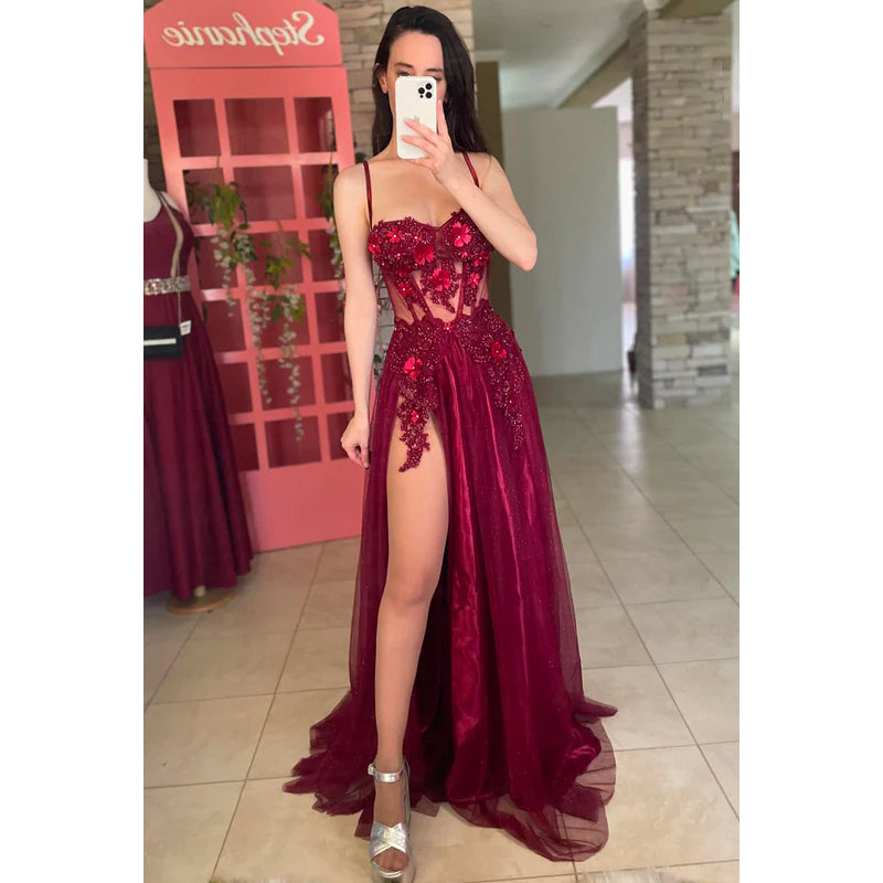 Elegant & Luxurious Spaghetti Straps A-line Side Slit Applique Party Prom Dress