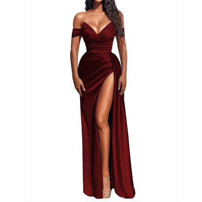 Sexy langes Ballkleid mit V-Ausschnitt, Falten und Schlitz