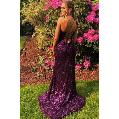 Purple Sequins Spaghetti Straps Scoop Sheath/column Prom Dress with Slit