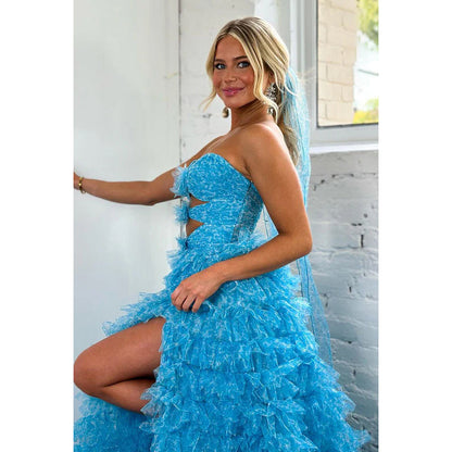 Elegant Sweetheart Ruffles Blue Long Formal Prom Dress with Slit