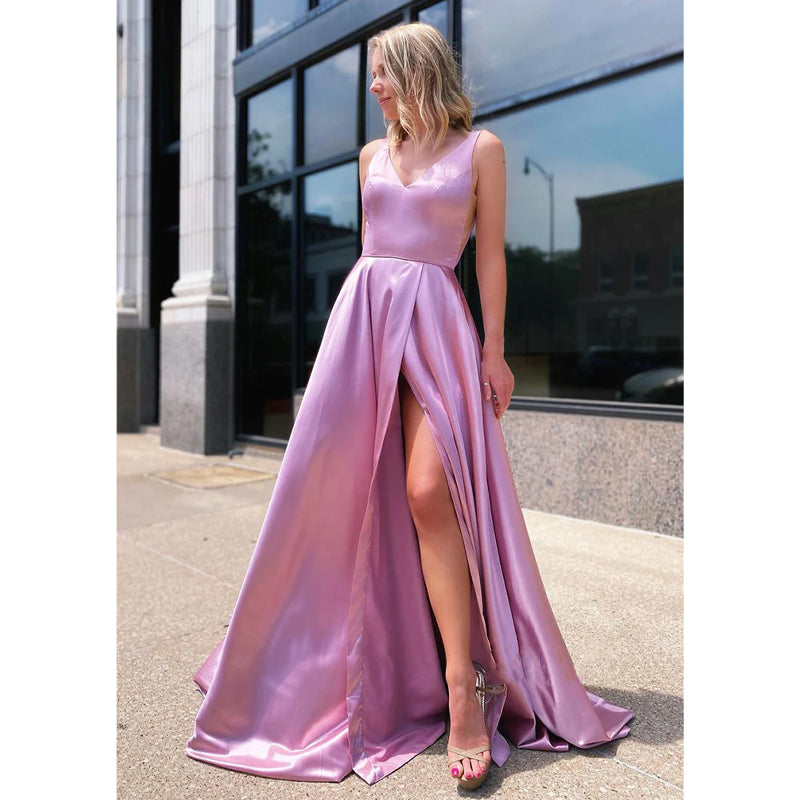 Plunging V-neck Pink Elastic Satin Senior Prom Dress with Slit