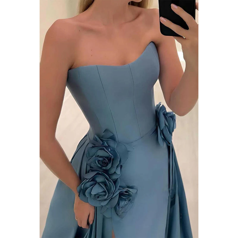 Satin A-Linie Herzausschnitt Blumenprägung mit Schlitz Party Ball Abendkleid 