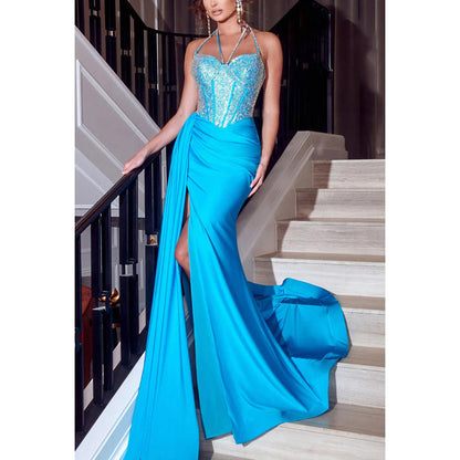 Sweetheart Beaded Ruched Satin Sheath Long Prom Evening Dress With Slit