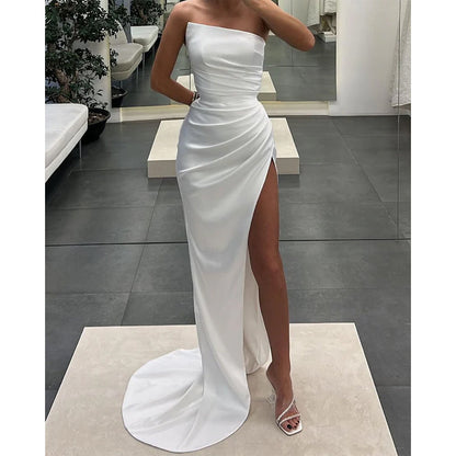 Strapless Pleats High Split Long Prom Dress