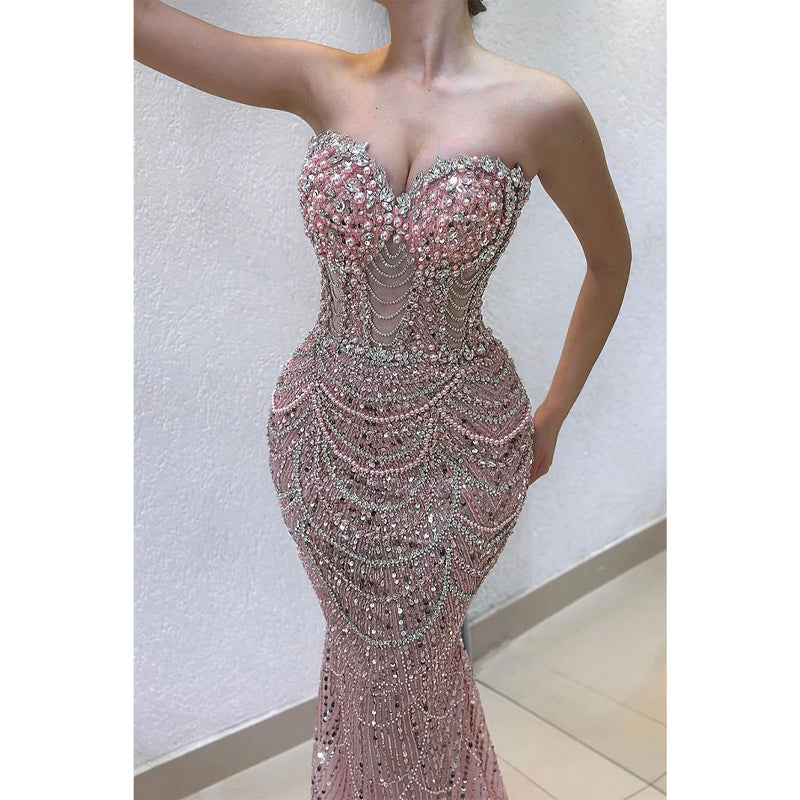 Elegant & Luxurious Pink Strapless Illusion Beaded Long Prom Dress Evening Gowns