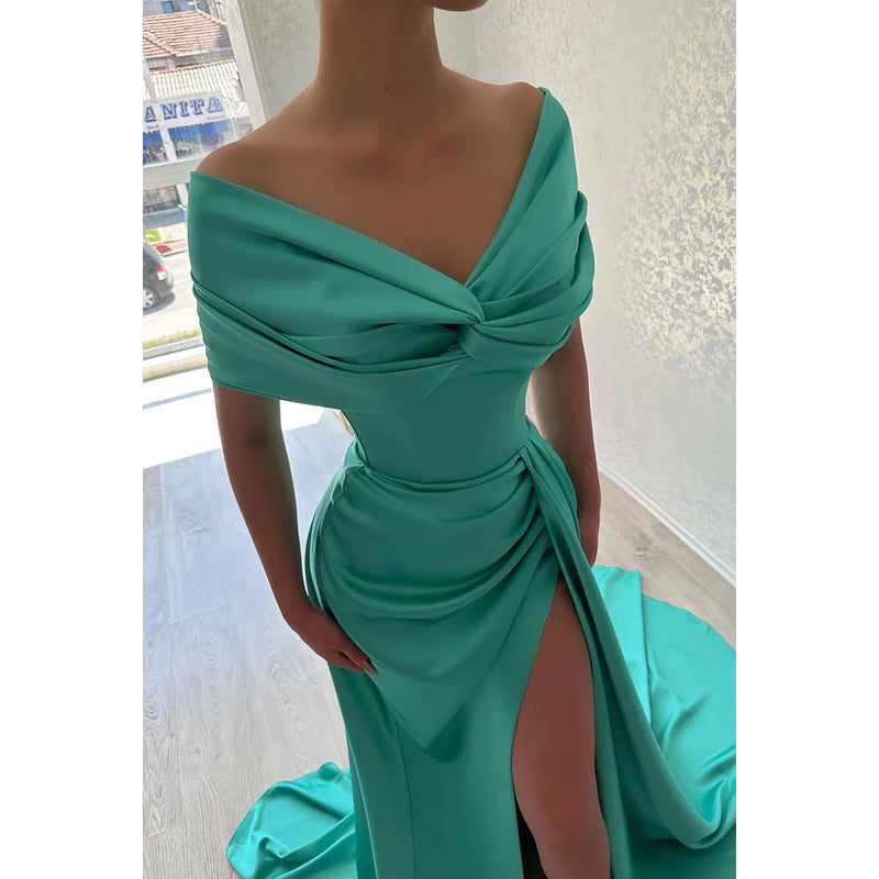 V-Neck Off-Shoulder Sleeveless Ruched Satin Sheath Long Evening Dress