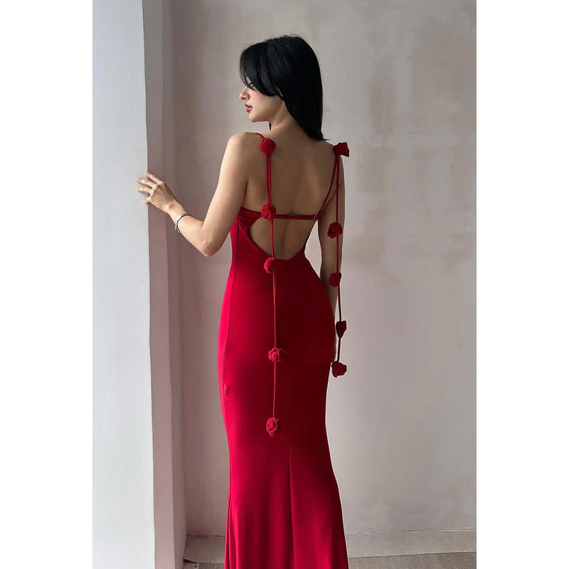 Simple & Casual Spaghetti Straps Open back Sheath Evening Party Holiday Prom Dress