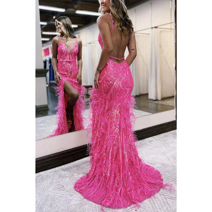 V-neck Spaghetti Straps Sequined Appliques Feathers with Side Slit Prom Dress