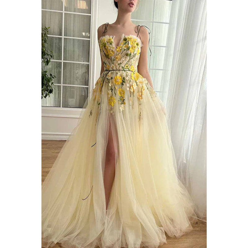 Tulle A-line Spaghetti Straps Floral Appliqued with Side Slit Party Prom Evening Dress