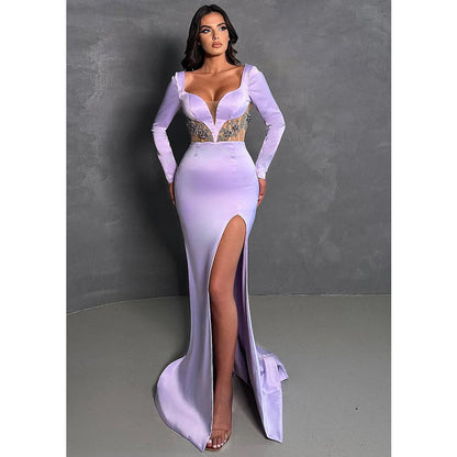 Sexy Deep V Neck Beads Long Sleeves Mermaid Formal Evening Gowns