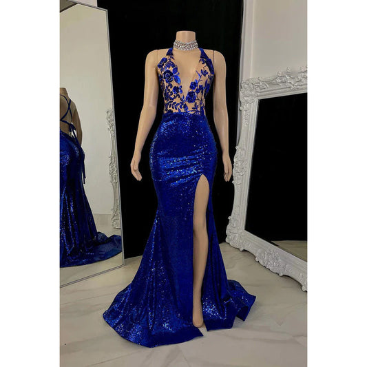 Sheath/Column V-Neck Sequined Appliques Backless Sleeveless Prom Dress