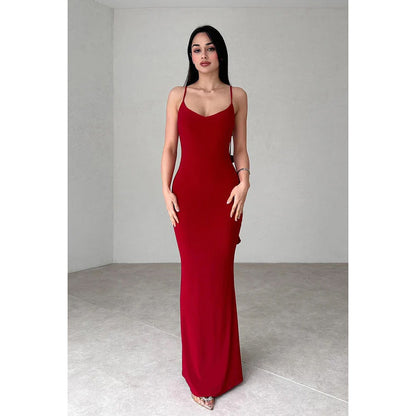 Simple & Casual Spaghetti Straps Open back Sheath Evening Party Holiday Prom Dress