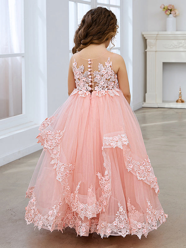 Princess Sleeveless Tulle Gown with Lace Appliques and Sweep Train for Girls