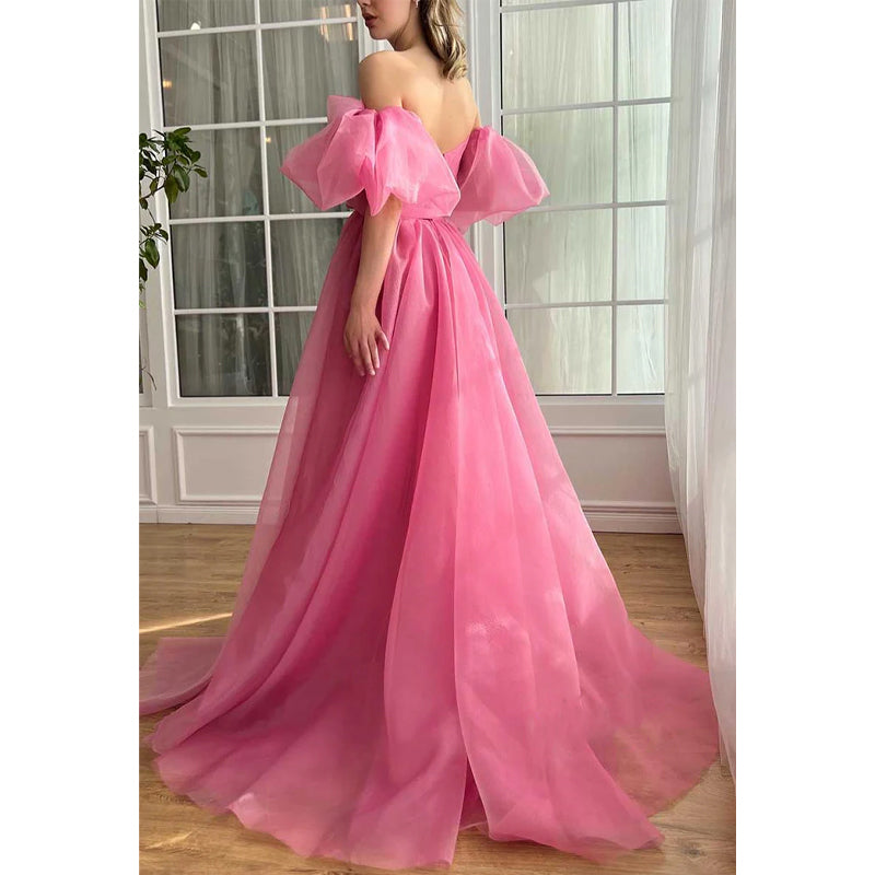 V-neck Puff Sleeves A-line Tulle with Side Slit Party Prom Evening Dress