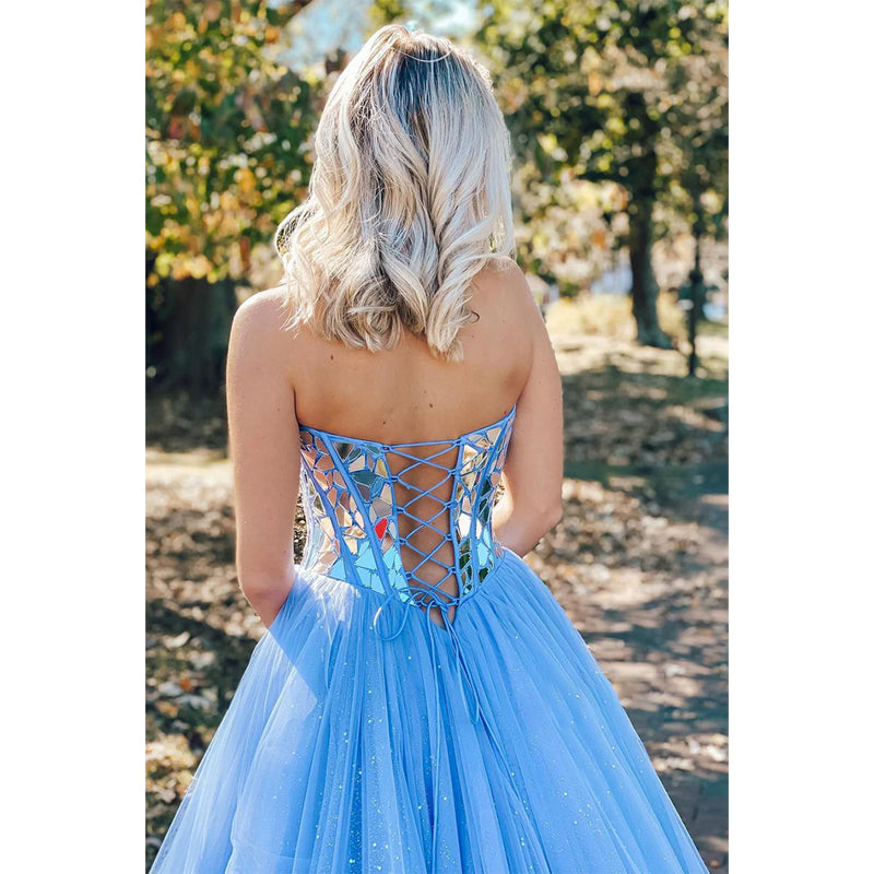 Sky Blue Tulle Beads A-line Senior Prom Dress