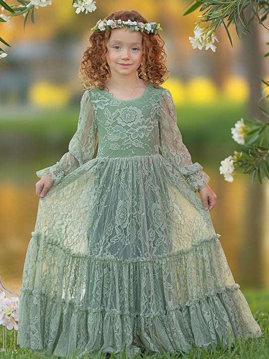 Lace Ankle-length Sage Green Boho Flower Girl Dress