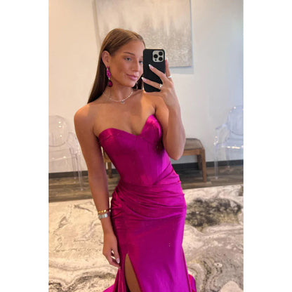 Strapless Ruched Satin Sheath Long Prom Evening Dress with Slit