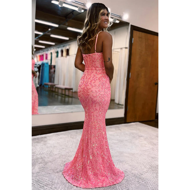 Spaghetti Straps Sequins Appliques Long Prom Dress