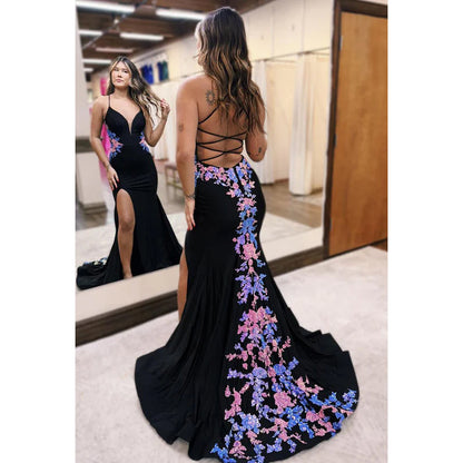 Sexy & Hot V-Neck Mermaid Side Slit Applique Cross Back Straps Prom Dress