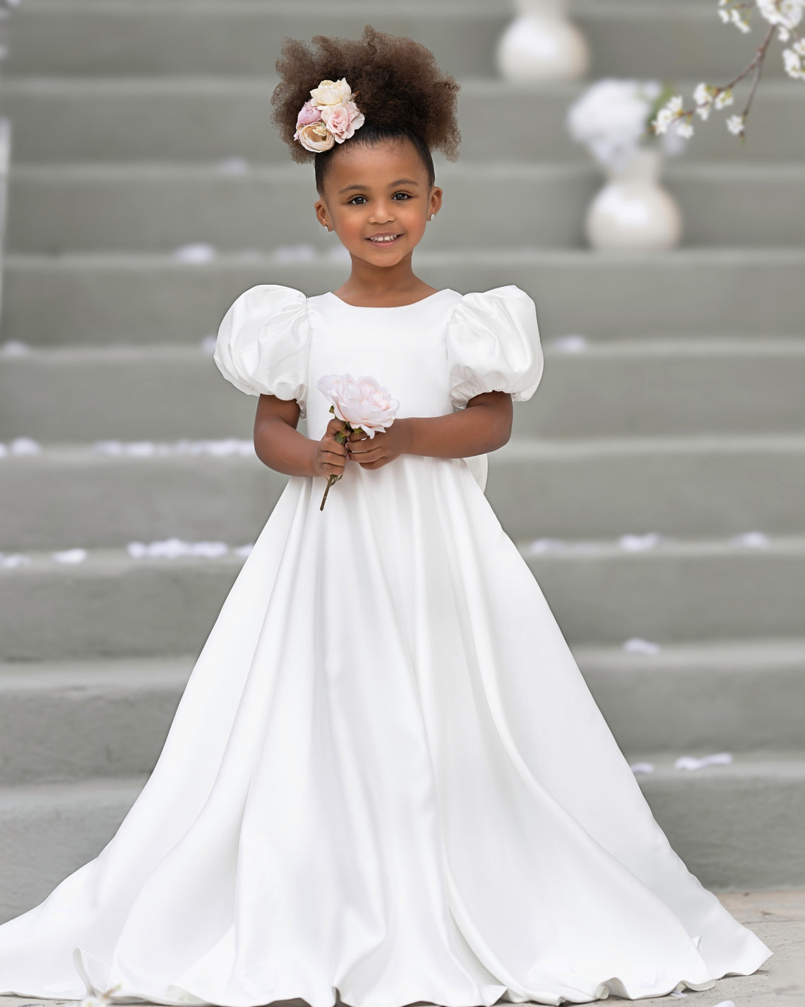 Puff Sleeve Bow Button Back Sweep Train Flower Girl Dress