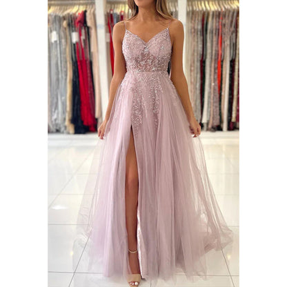 Elegant Spaghetti Straps V-neck A-Line Slit Tulle Formal Prom Dress with Applique