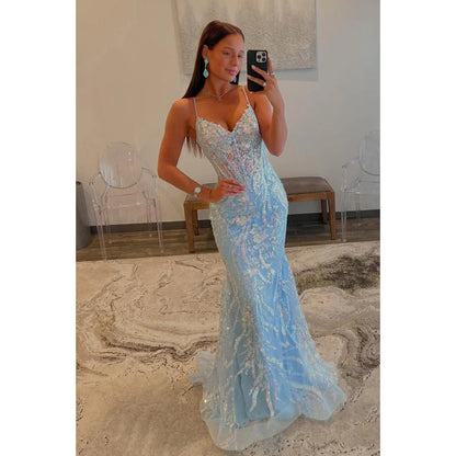 Sexy Hot Sheath V-Neck Straps Fully Floral Sequined Floor-Length Party Gown Prom Dress