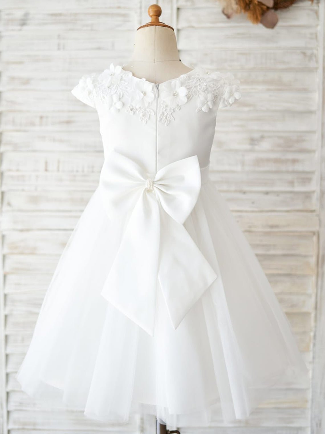 Satin Tulle Tea-length Ivory First Communion Flower Girl Dress