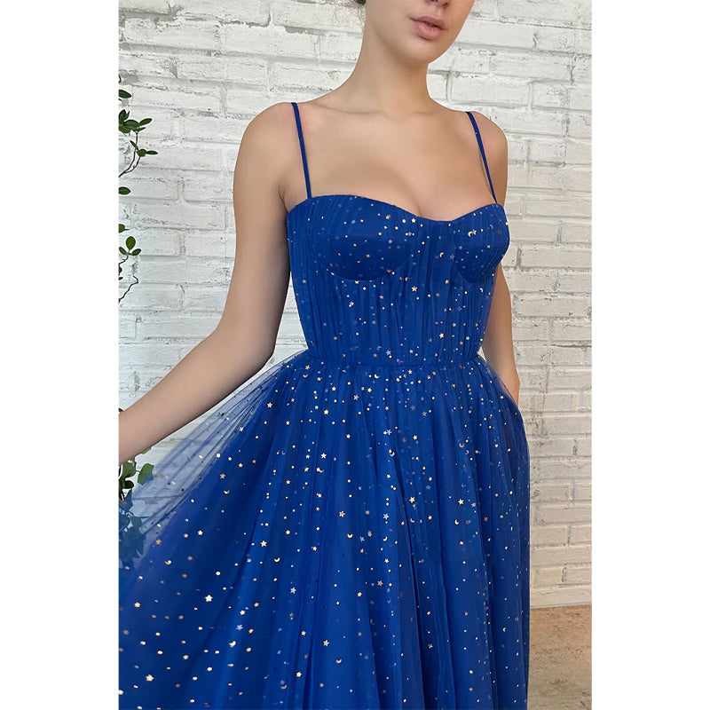 Spaghetti Straps Star Tulle Sparkly Prom Dress with Pockets