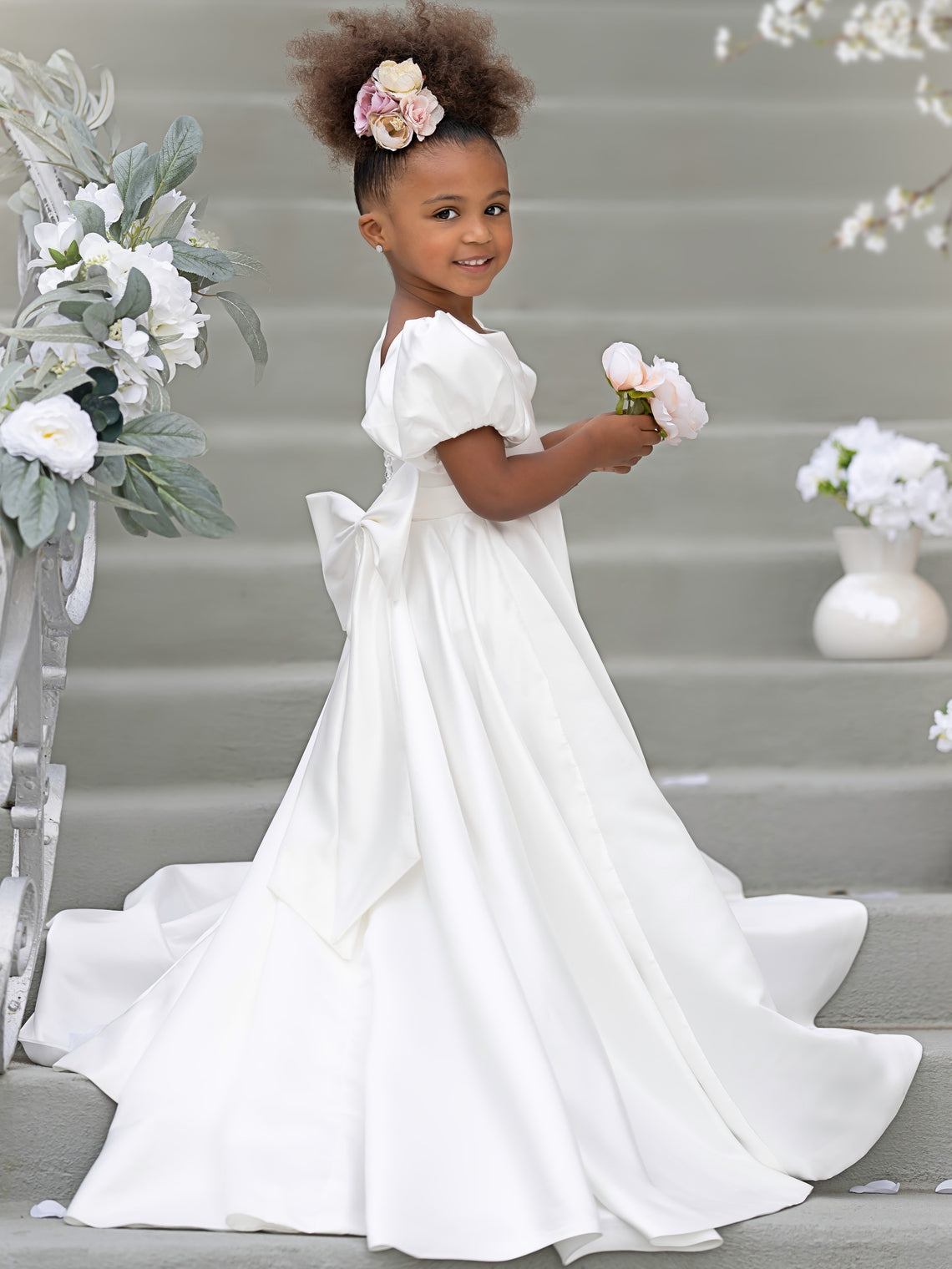 Puff Sleeve Bow Button Back Sweep Train Flower Girl Dress