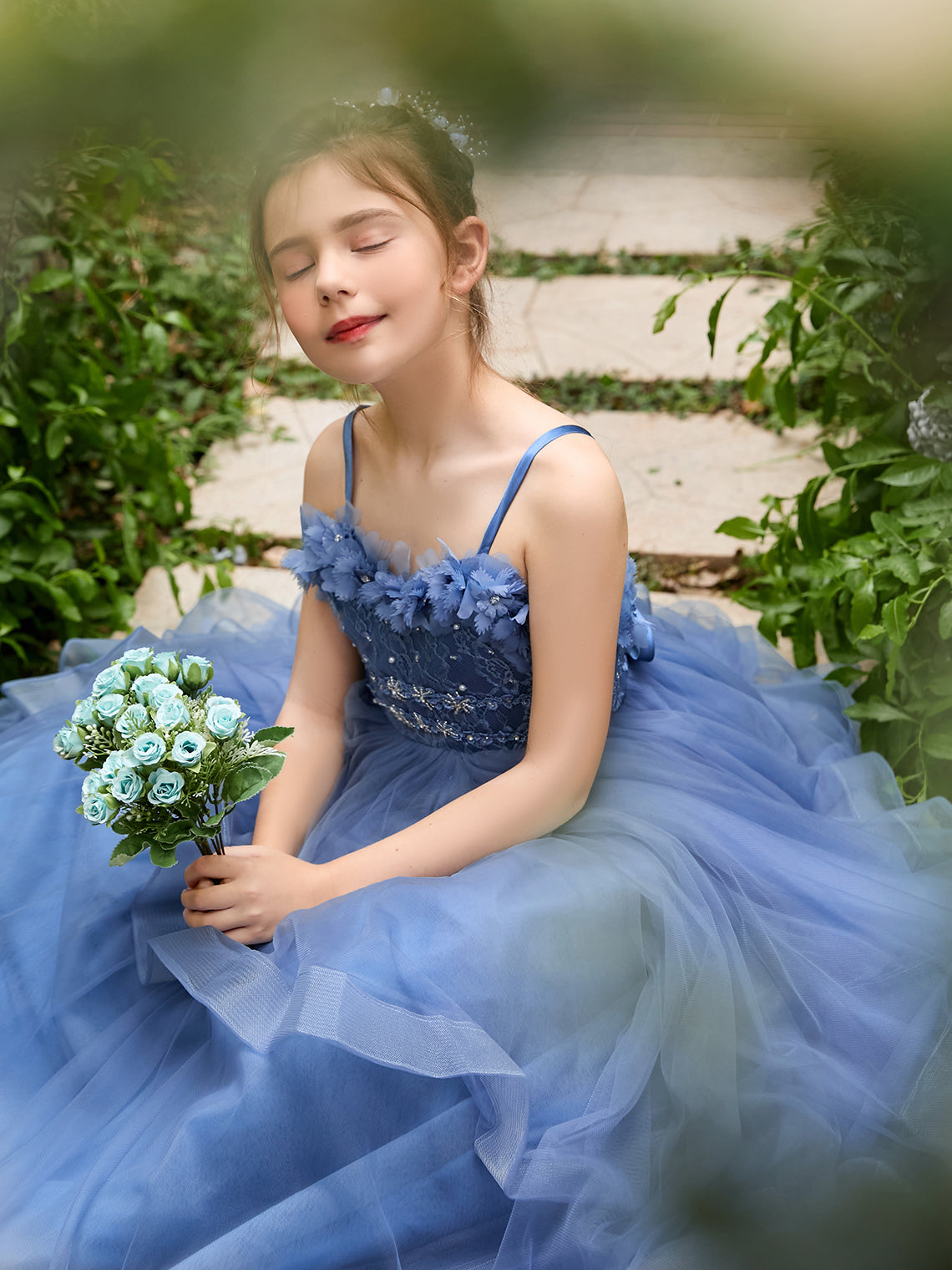 Slate Blue A-Line Princess Sleeveless Tulle Flower Girl Dress