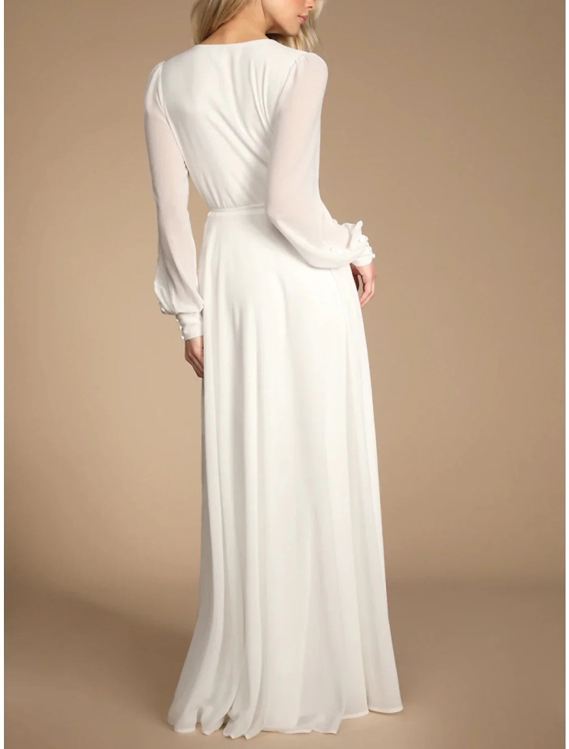 Wedding Dresses A-Line V Neck Long Sleeve Floor Length Chiffon Bridal Gowns With Pleats Split Front