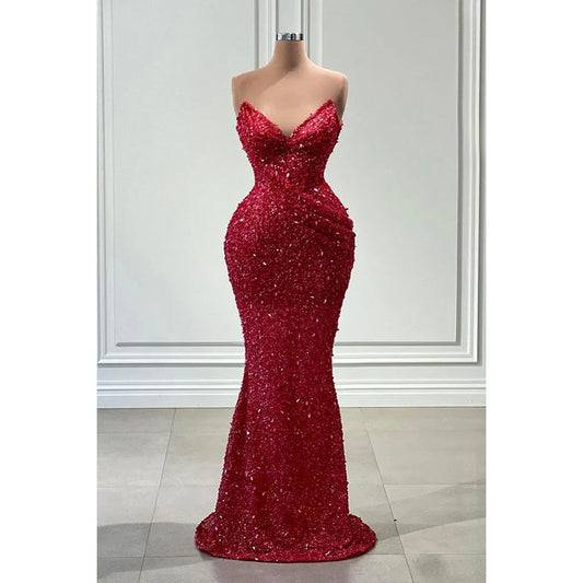 Sparkly Red Sequins V-Neck Sleeveless Mermaid Evening Prom Dress