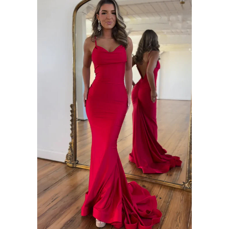 Red Backless V-Neck Spaghetti Straps Mermaid Party Prom Dress