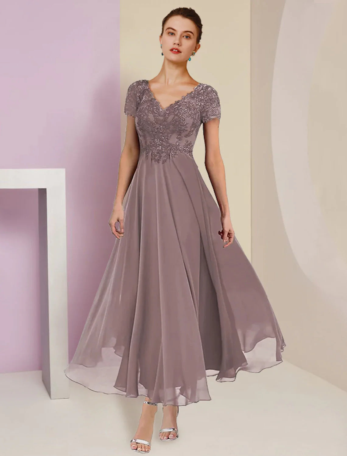 Zweiteiliges A-Linien-Kleid für die Mutter der Braut, formelle Hochzeitsgäste, elegantes V-Ausschnitt-Kleid in wadenlanger Chiffon-Spitze, kurzärmelige Jackenkleider mit Faltenapplikationen