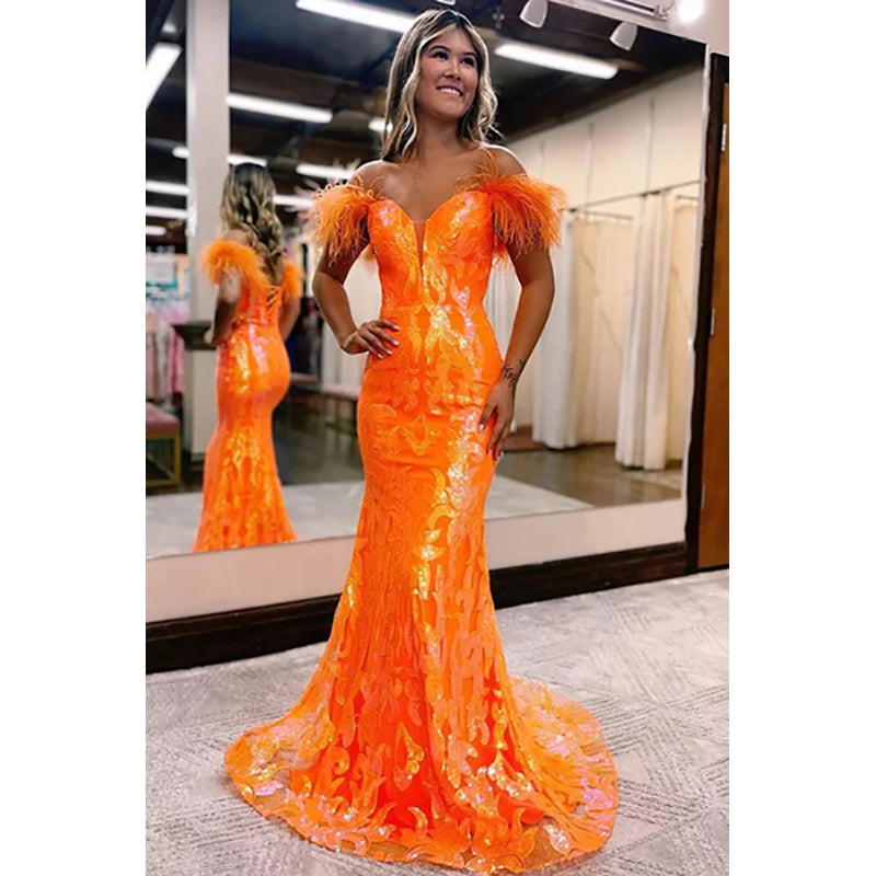 Sparkly Orange Sequins Off the Shoulder Mermaid Long Prom Dress with Feathers