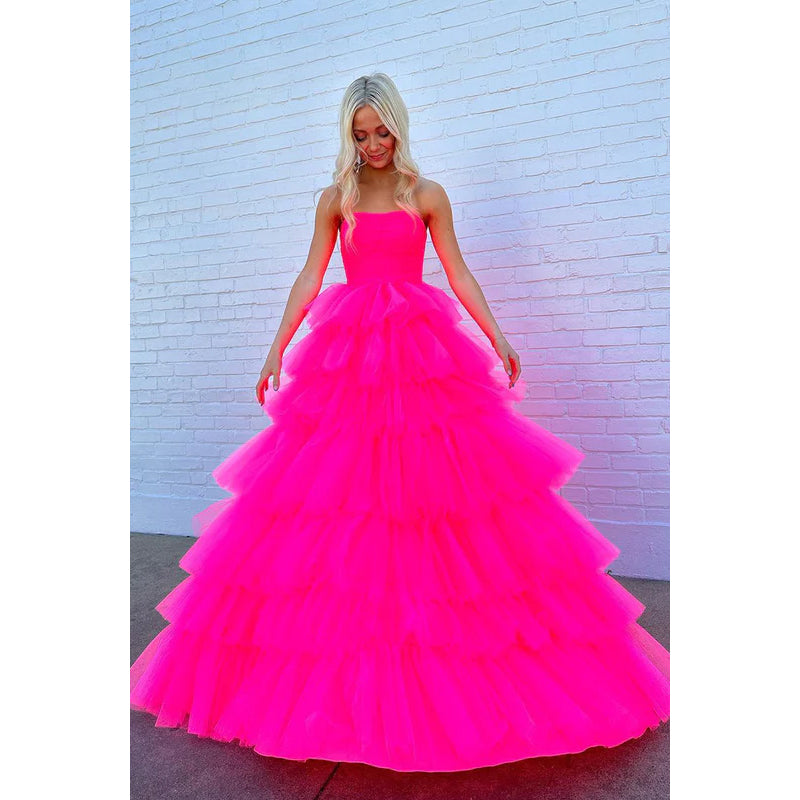 Strapless Hot Pink A-Line Tulle Long Prom Gown