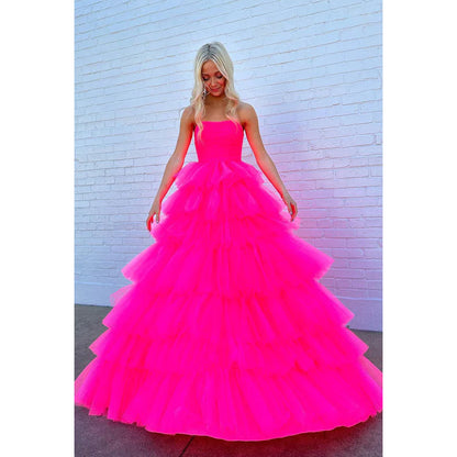 Strapless Hot Pink A-Line Tulle Long Prom Gown