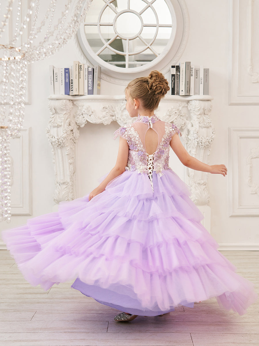 Lilac Tulle Princess Ball Gown with Floral Appliques and Beading for Girls