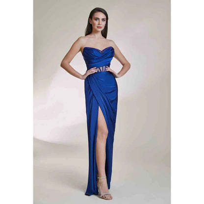 V-Neck Strapless Sleeveless Beaded Ruched Satin Sheath Long Evening Dress