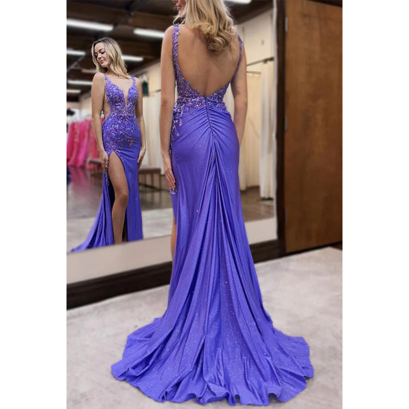 V-neck Spaghetti Straps Embroidery Appliques with Side Slit Party Prom Evening Dress