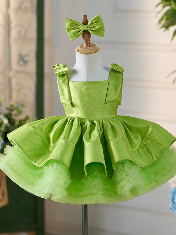 Satin Tulle Knee-length Green Baby Girl Dress