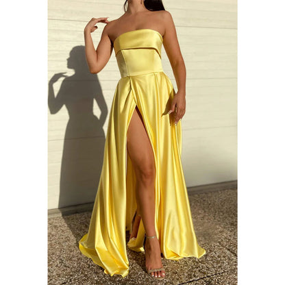 Strapless Yellow Satin High Split Long Prom Dress with Pockets